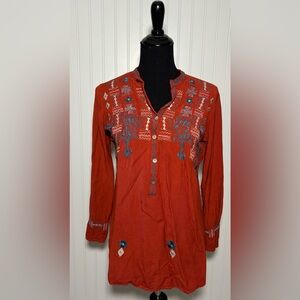 Luv 2 Luv Embroidered Peasant Tunic Shirt Boho Aztec Womens Size Medium Rust